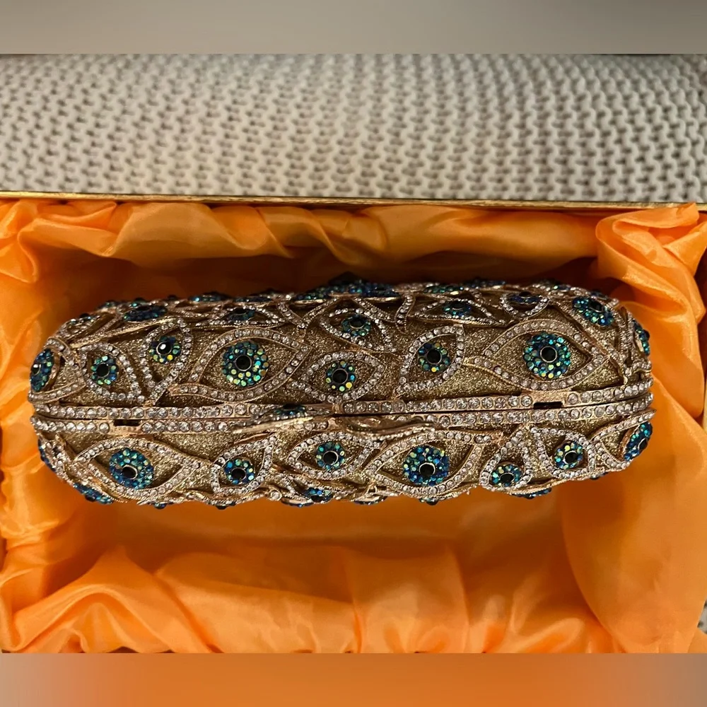 Embellished Gold Peacock Eye Clutch